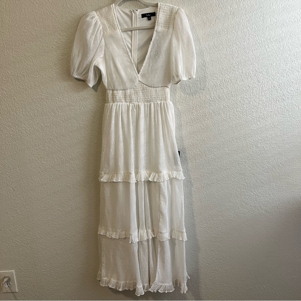 Lulus White Swiss Dot Puff Sleeve Midi Dress 🌟 Size S